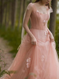 3D Flowers Charming Pink Tulle A-line Long Evening Gown Prom Dresses