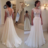 Cap Sleeves Ivory Lace Chiffon Backless Beach Bridal Wedding Dress