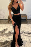 Mermaid Black Sequin Tassle Evening Dress  Two Piece Long Prom Gown