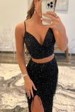 Mermaid Black Sequin Tassle Evening Dress  Two Piece Long Prom Gown