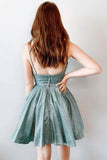 A-Line Sparkle Green V Neck Short Prom Dress Homecoming Dress