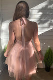 Deep V Neck Backless Tulle Pink Short Homecoming Dress