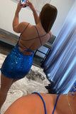 Sequins Shiny Blue Lace Up Bodycon Dress Party Dress Short Homecoming Dress