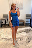 Sequins Shiny Blue Lace Up Bodycon Dress Party Dress Short Homecoming Dress