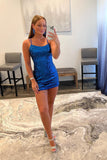 Sequins Shiny Blue Lace Up Bodycon Dress Party Dress Short Homecoming Dress