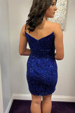 V Neck Sparkle Royal Blue Strapless Sequins Party Dress Homecoming Dress