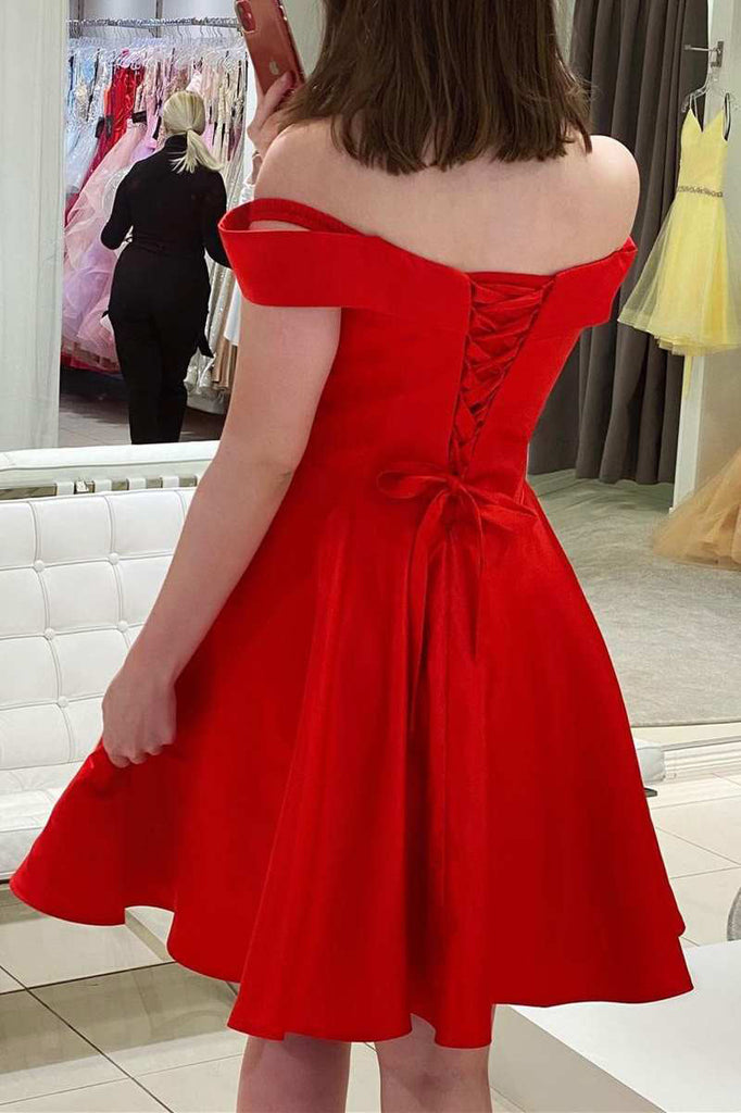 A Line Satin V-Neck Red Off The Shoulder Short Prom Dress Homecoming Dress
