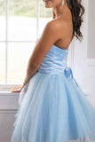 A Line Lace up Light Blue Tulle Strapless Short Homecoming Dress