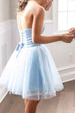 A Line Lace up Light Blue Tulle Strapless Short Homecoming Dress