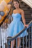 A Line Lace up Light Blue Tulle Strapless Short Homecoming Dress