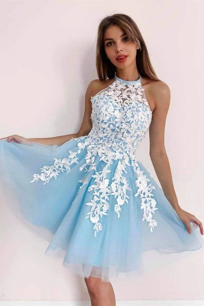 A-line Applique Sky Blue Tulle Short Prom Dresses Homecoming Dresses