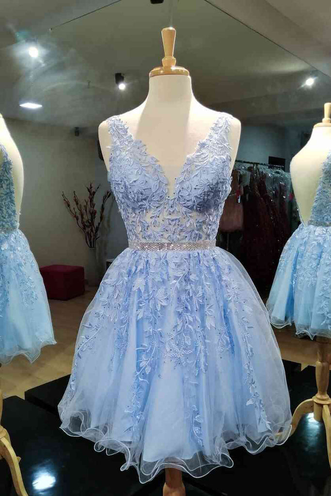 Rolled Lace V-Neck Blue Sleeveless A-line Short Prom Dresses Homecoming Dresses
