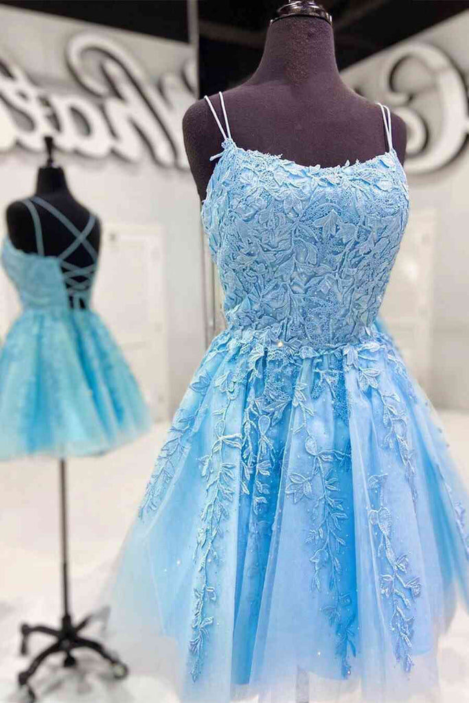 Spaghetti Straps Lace Blue A-line Short Prom Dresses Homecoming Dresses