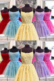 Spaghetti Straps Lace Blue A-line Short Prom Dresses Homecoming Dresses