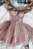 Sleeveless Tulle A-line Dusty Rose Short Prom Dresses Homecoming Dresses