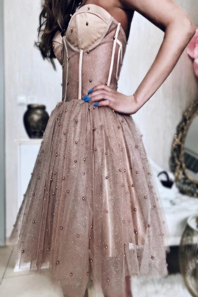 Sleeveless Tulle A-line Dusty Rose Short Prom Dresses Homecoming Dresses