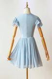 V-neck Blue A-line Chiffon Zipper Back Short Prom Dresses Homecoming Dresses