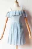 Cold Sleeves Chiffon Blue A-line Short Prom Dresses Homecoming Dresses