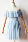 A-line Sleeveless Off the Shoulder Blue Chiffon Short Prom Dresses Homecoming Dresses
