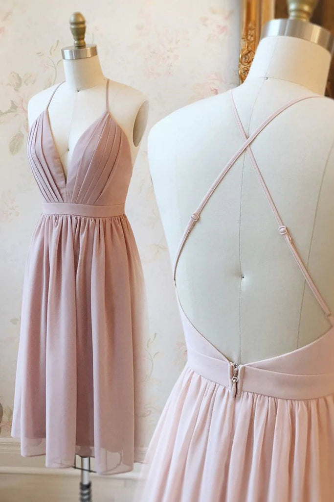 A-Line Simple Chiffon Mid length Spaghetti Straps Prom Dresses Homecoming Dresses