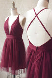 A-line Spaghetti Straps Sleeveless Deep V-neck Tulle Homecoming Dresses