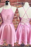 Sleeveless Stain Candy Pink Spaghetti Straps Short Prom Dresses Homecoming Dresses