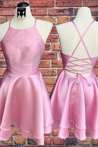 Sleeveless Stain Candy Pink Spaghetti Straps Short Prom Dresses Homecoming Dresses