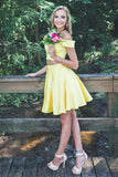Off the shoulder Stain Two Pieces Yellow Short Prom Dresses, Homecoming Dresses