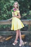 Off the shoulder Stain Two Pieces Yellow Short Prom Dresses, Homecoming Dresses