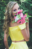 Off the shoulder Stain Two Pieces Yellow Short Prom Dresses, Homecoming Dresses