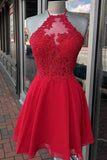 Lace Appliques Beading Halter Red Chiffon Short Homecoming Dress