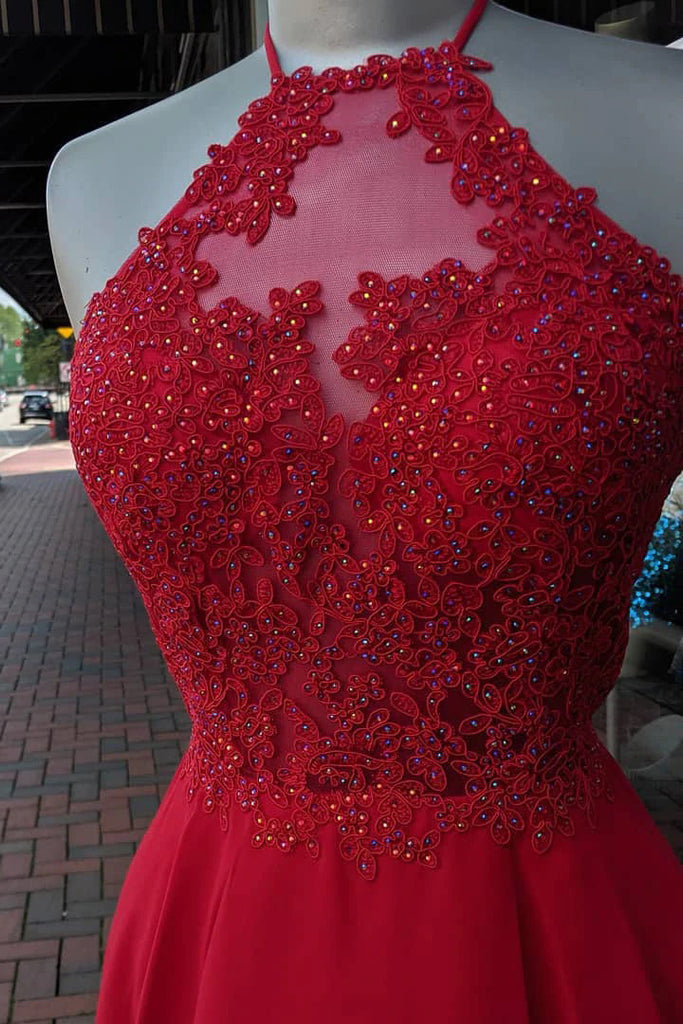 Lace Appliques Beading Halter Red Chiffon Short Homecoming Dress