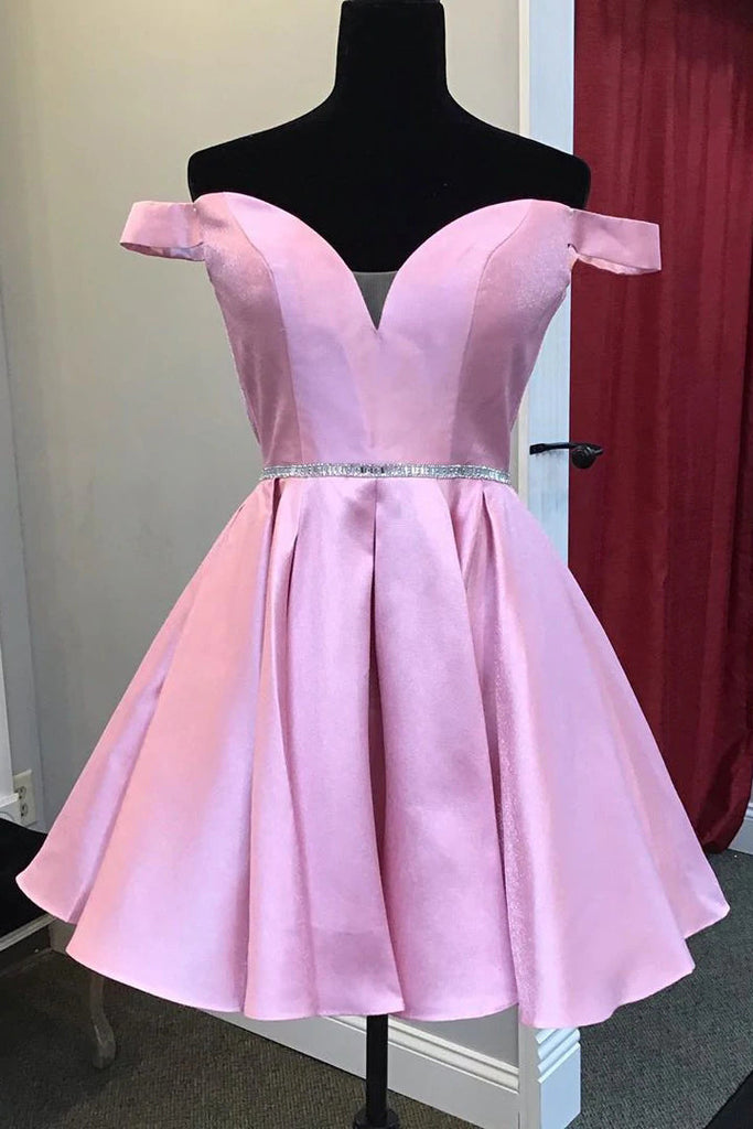A-Line Pink Off the Shoulder Homecoming Dress With Beaded Waist