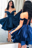 Off The Shoulder A-Line Navy Blue Lace Up Party Dress Homecoming Dress