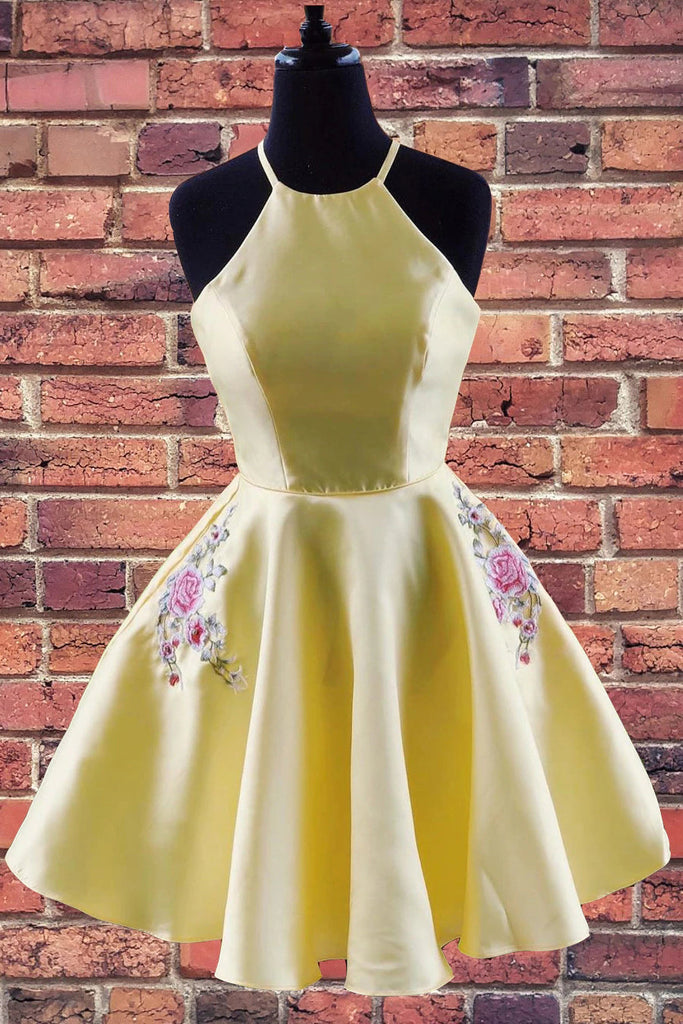 A-Line Halter Embroidery Flowers Yellow Stain Homecoming Dress With Pockets