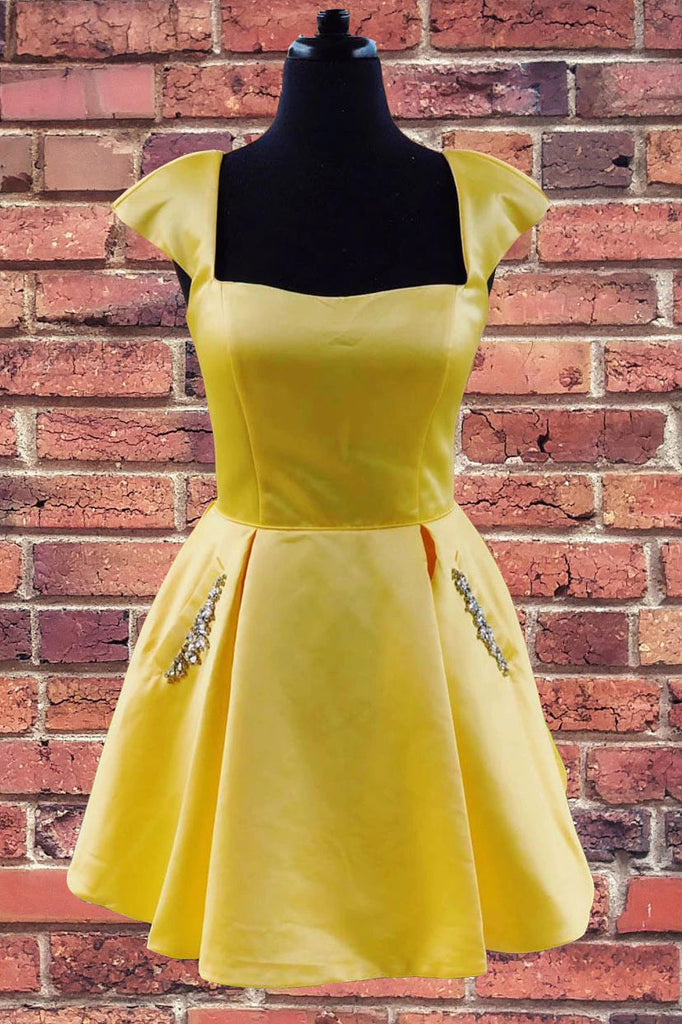 Cap Sleeves A-Line Yellow Stain Homecoming Dress With Pockets