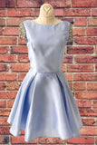 Cap Sleeves A-Line Blue Round Neck Stain Short Homecoming Dress