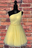 Simple  Yellow Tulle Natural One Shoulder Beading Homecoming Dress