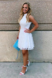 A-line White Lace Appliques Sleeveless Halter Homecoming Dress