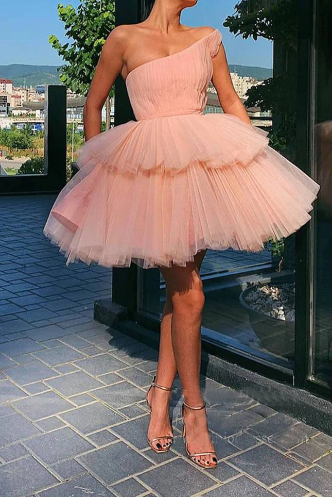 Pink One Shoulder Tulle Ball Gown Short Homecoming Dresses