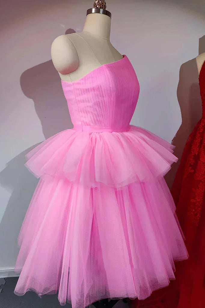 Pink One Shoulder Tulle Ball Gown Short Homecoming Dresses