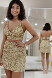 Two Piece Spaghetti Strap V Neck Sequins Short Homecoming Dresses