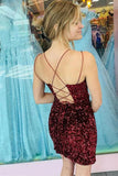 Burgundy Spaghetti Strap V Neck Sequins Homecoming Dresses