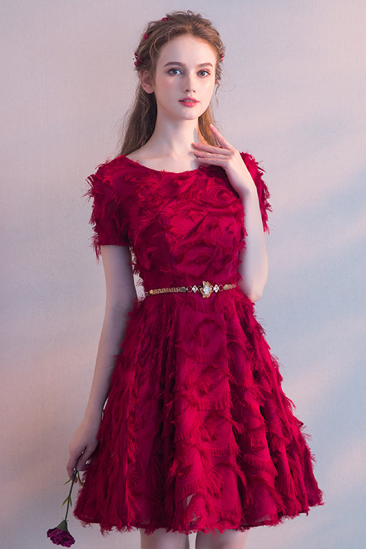 Red Short Sleeves Scoop Neck Tea-length Party Dress with Featherss Prom Dress Homecoming Dresses