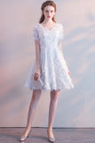 White Short Sleeves Tea-length Party Dress with Featherss Prom Dress Homecoming Dresses