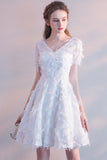 White Short Sleeves Tea-length Party Dress with Featherss Prom Dress Homecoming Dresses