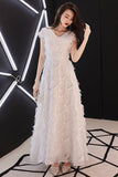 White Short Sleeves Long Party Dress with Featherss Prom Dress Homecoming Dresses