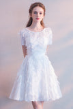 White Short Sleeves Tea-length Party Dress with Featherss Homecoming Dresses