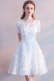 White Short Sleeves Tea-length Party Dress with Featherss Prom Dress Homecoming Dresses