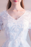 White Short Sleeves Tea-length Party Dress with Featherss Prom Dress Homecoming Dresses